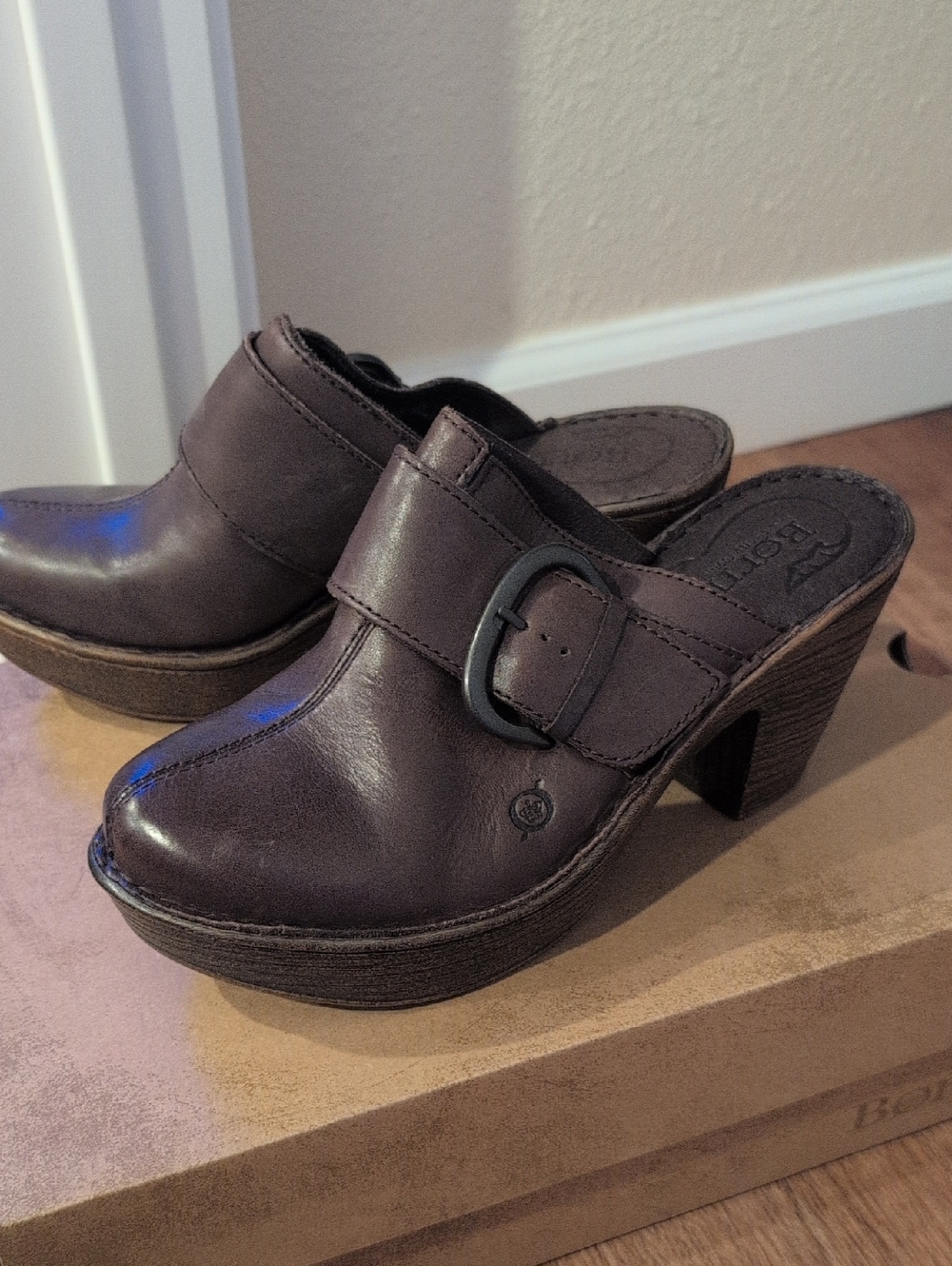 Born Bown Leather Slip-On Clog Heels with Buckle